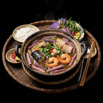 Lau Mam fermented fish hotpot filled with snakehead fish, shrimp, pork belly, and purple water lily stems,