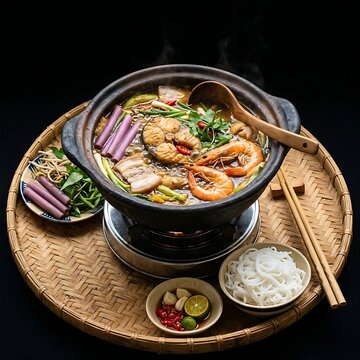 Lau Mam fermented fish hotpot filled with snakehead fish, shrimp, pork belly, and purple water lily stems,