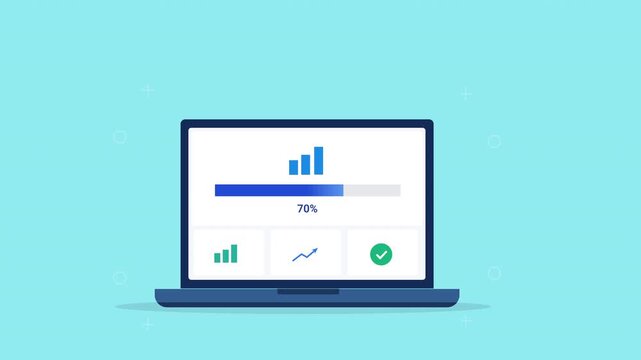 Modern flat vector animation of a laptop displaying an analytics dashboard with bar chart, performance indicators, and progress bar. Ideal for business, data analysis, software, and web technology pro