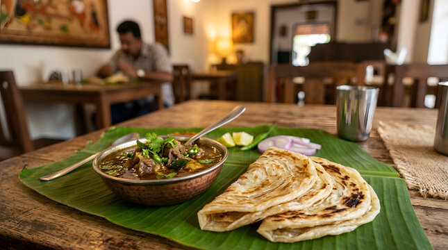 South indian parotta and spicy meat curry on banana leaf