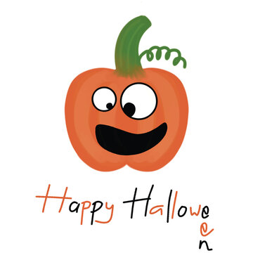 Cute cartoon orange Halloween pumpkin with big round eyes, happy smiling face, green stem vine and Happy Halloween handwritten text on white