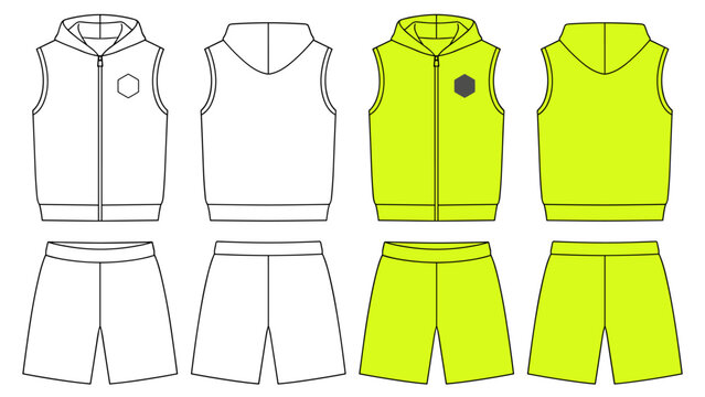set of summer sport clothes. vector outline and neon green drawing of a hooded vest and shorts. activewear template front and back view on transparent background, vector sketch.