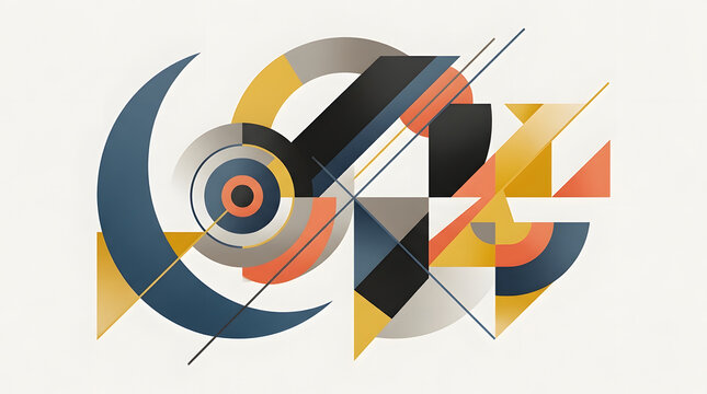 Abstract modern geometric composition featuring intersecting circles lines and triangles in a minimalist artistic style