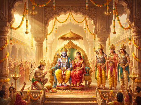 Lord Rama and Goddess Sita Rajyabhishek Ceremony in Ayodhya Palace, Ramayana Royal Coronation Artwork