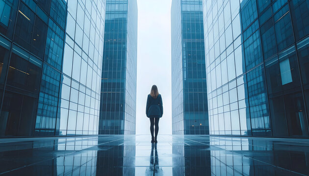 Lone figure standing in a symmetrical skyscraper plaza with towering glass buildings reflecting light in a dramatic cinematic urban atmosphere generative AI