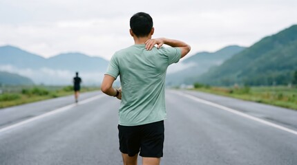 Fototapeta premium Young man running on an empty mountain road, feeling pain in his shoulder.