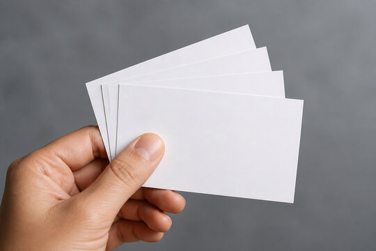 A hand is holding a stack of blank white business cards against a plain gray background.