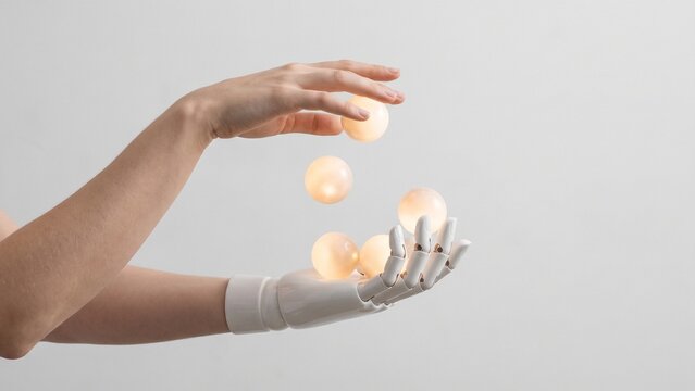 Delicate interaction between human and polished white robotic hand against clean grey background