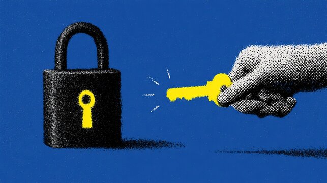 Stylized graphic with black padlock and vivid yellow keyhole on solid blue background, halftone textured human hand holding bright yellow key approaching lock