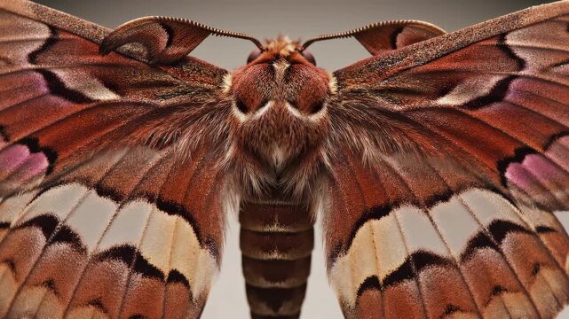 Giant moth unfurling wings in studio lighting with selective focus for scientific or nature exploration concepts
