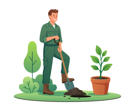 Smiling man in green uniform digging a hole with a shovel to plant a potted tree sapling. Flat vector illustration of gardening, volunteering, and eco conservation concept isolated on white.