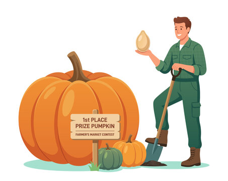 Smiling farmer holding a shovel and a giant seed next to a first place prize pumpkin. Autumn harvest contest concept. Flat vector illustration on white.