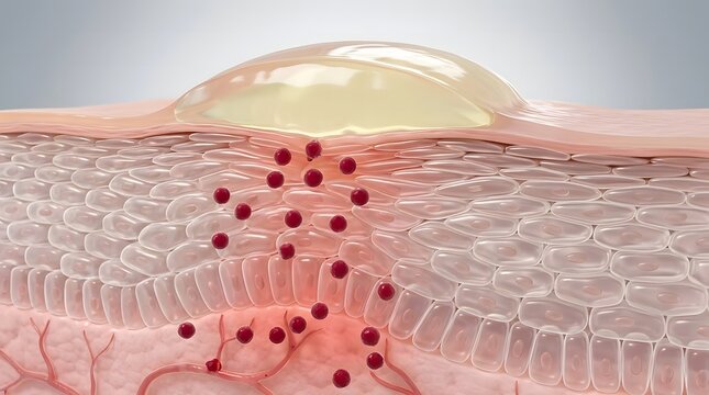 3d medical illustration of a blister on the skin surface, showing the separation of the epidermis and the accumulation of fluid with inflammatory cells