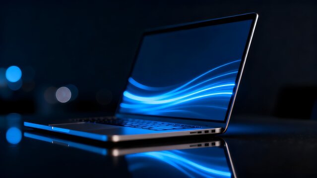 Open laptop with blue light waves on screen