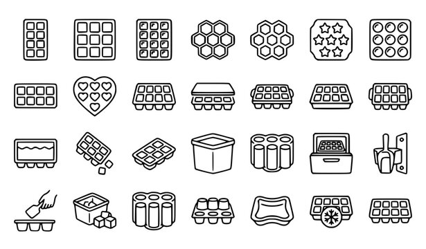 Ice tray icon set, silicone molds and ice cube maker vector elements