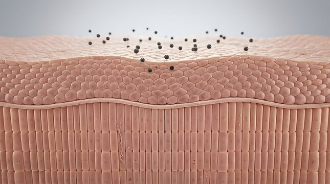 3d illustration of skin layers with particles representing pollution or skincare products on the surface of the epidermis