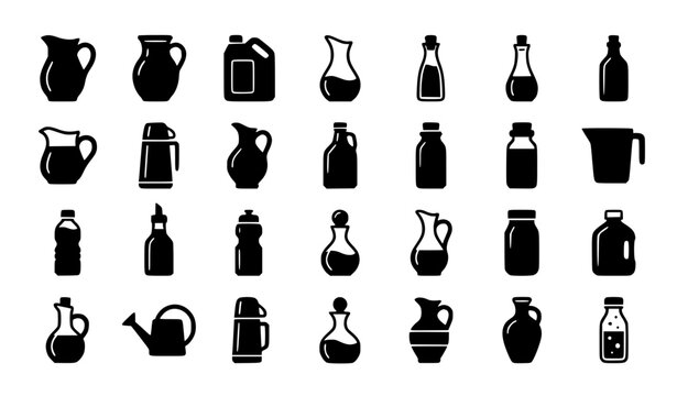 Bottles and jugs icon set, liquid containers, kitchenware and drink vessel vector elements