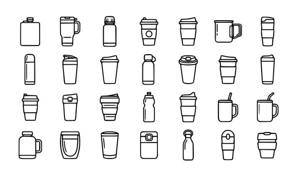Tumbler and bottle icon set, reusable drinkware, coffee cups and water flasks vector elements