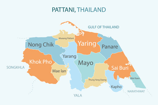 Pattani Thailand province map illustration with district names