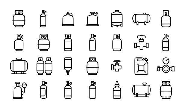 Gas cylinder and fuel tank icon set, industrial gas storage and pressure vessel vector elements
