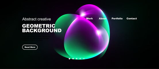 Obraz premium Dark background features vibrant abstract shapes, text elements, navigation menu. Modern design promotes creativity, geometric patterns.