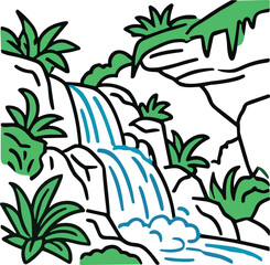 Stylized Waterfall Illustration with Lush Greenery and Rocky Terrain © Abdul Ghani