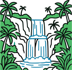 Lush tropical waterfall cascading into clear pool, surrounded by palm trees and jungle foliage. © Abdul Ghani