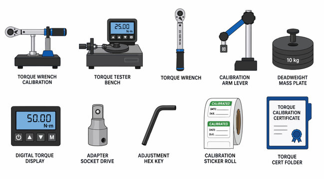Industrial torque calibration tools and equipment display.