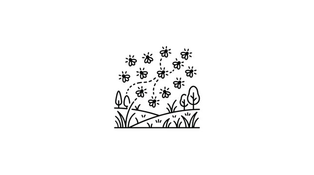 Hand drawn doodle illustration of a swarm of fireflies flying over a grassy meadow.