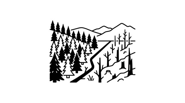 A black and white line art illustration showing a split landscape of a healthy forest and a deforested area.