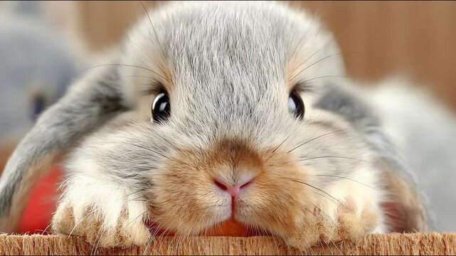A cute rabbit with long ears and sparkling eyes peeks out from its hiding place, radiating tenderness and providing a charming backdrop for children&rsquo;s products and Easter cards.
