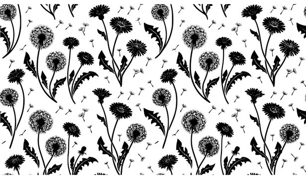 Vintage Dandelion Flower Seamless Pattern Vector with Hand Drawn Fluffy Seed Heads Leaves and Flying Seeds for Elegant Wallpaper Textile and Fabric Designs