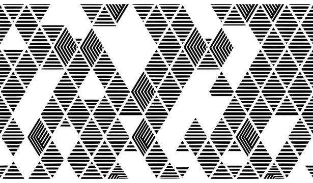 Abstract Geometric Seamless Pattern Vector with Black and White Triangular Grid Lines and Modern Low Poly Tech Texture for Digital Background and Fabric Designs