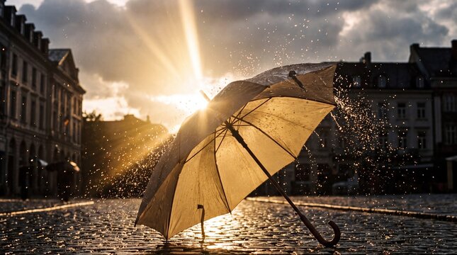 Black Umbrella on Wet Cobblestone Street with Warm Street Lamps in Rain