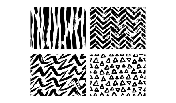 Hand Drawn Ink Brush Stroke Seamless Pattern Set Vector Background with Chevron Zigzag Stripes Zebra Lines and Geometric Triangle Swatches