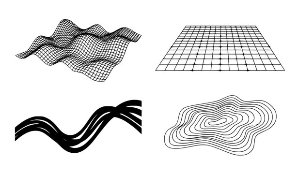 Abstract Geometric Wireframe and Topographic Line Vector Element Set with Perspective Grid, Cyber Waves, Contour Maps, and Fluid Ribbons for Tech Design