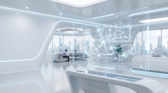 Futuristic office lobby with interactive kiosk and global network hologram screen