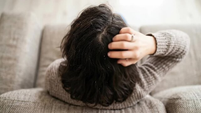 Woman scratching her itchy scalp with visible dandruff flakes. Hair care, seborrheic dermatitis, and scalp health issues.