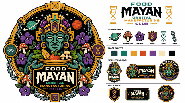 Colorful Mayan Food Club Logo and Branding Elements.