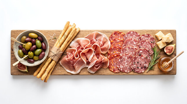 Artisanal charcuterie board display with cured meats, cheese, olives and bread on wooden platter