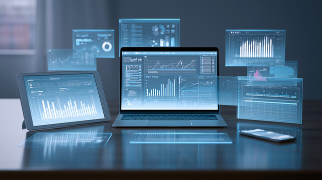 Futuristic data science concept with holographic graphs floating above laptop and devices