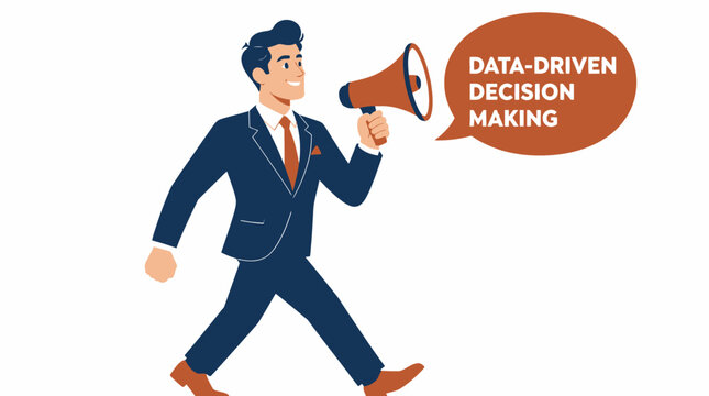 Businessman holding megaphone with data driven decision making text.