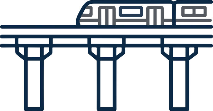 Modern monorail train on elevated track, urban transportation, sleek design, blue and grey outline icon.