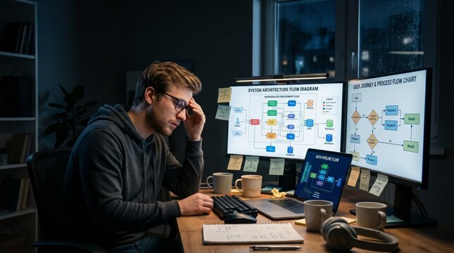 Exhausted software developer working late at night with multiple monitors displaying system architecture diagrams, experiencing deadline pressure, coding fatigue, mental overload