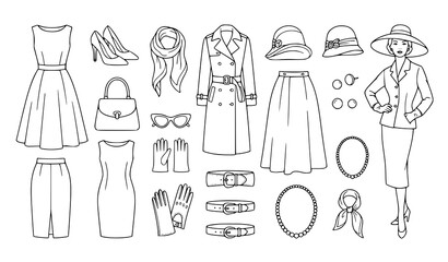 Obraz premium Vintage fashion illustration collection dresses coats accessories and elegant woman sketch