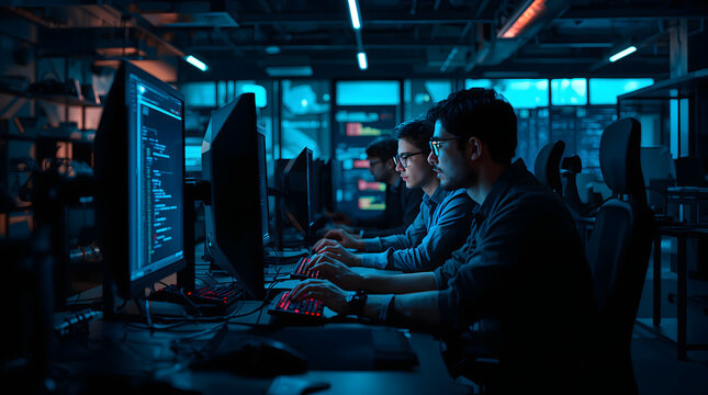A Team of software engineers collaborating during coding session inside dark office looks focused innovative and full of futuristic blue digital energy generative AI