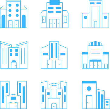 Smart city building outline icon set. Collection for real estate, construction, urban development and property management. Vector illustration.