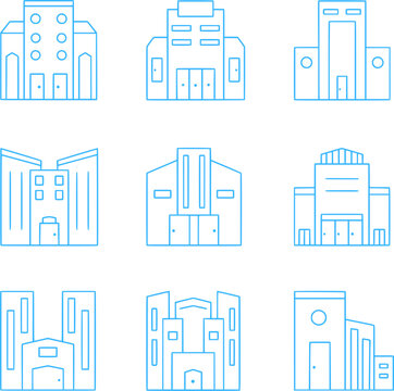 Smart city building outline icon set. Collection for real estate, construction, urban development and property management. Vector illustration.