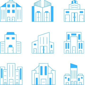 Smart city building outline icon set. Collection for real estate, construction, urban development and property management. Vector illustration.