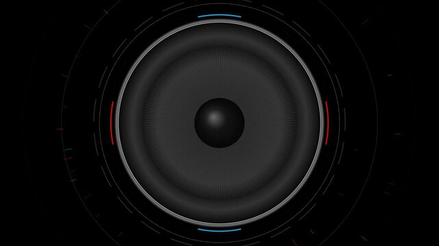 Dark futuristic speaker cone vibrating with techno HUD circle interfaces